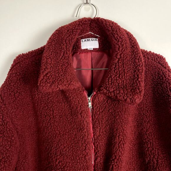 I.AM.GIA Pixie Teddy Jacket Burgundy Red Size XS Full Zip Oversized Revolve - Picture 8 of 14